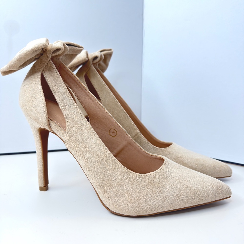 ZBY Women Beige Faux‎ Suede Pointed Toe Bow Stiletto Heel Pumps Size 7